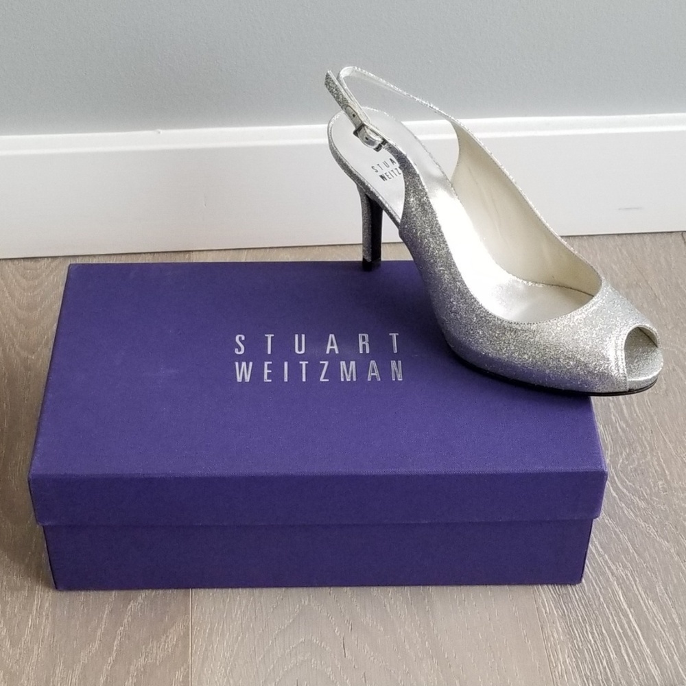 Stuart Weitzman Silver Mini Glitter Slingback Sz 7 - Picture 2 of 8